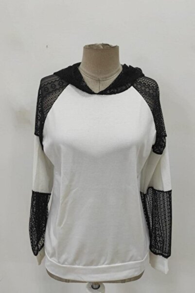 Mossta Μπλούζα με κουκούλα από βισκόζη με λεπτομέρεια δαντέλας - Λευκό