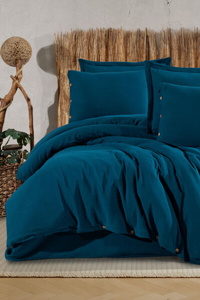 VAROL Set de lenjerie de pat dublu din muselină din bumbac 100% - natural și ...