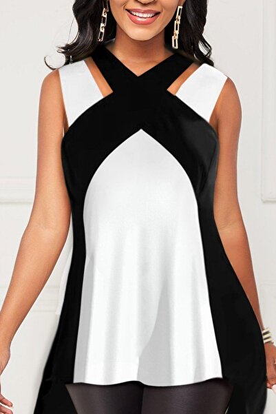 Mossta Color Block Cross Neck Sleeveless Viscose Blouse - Black