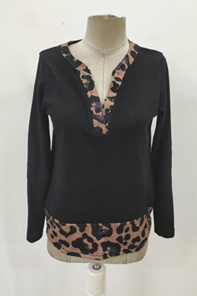Mossta Buttoned Leopard Detailed Camisole Blouse - Black