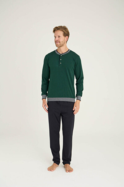 KLY Men's Knitted Banded Midi Collar Pajama Set Comfortable Sleepwear