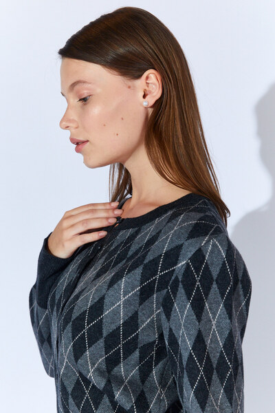 EDITION WOMAN Black Diamond Pattern Self-Belted Women's Wool Blend Cardigan - Ek100535338