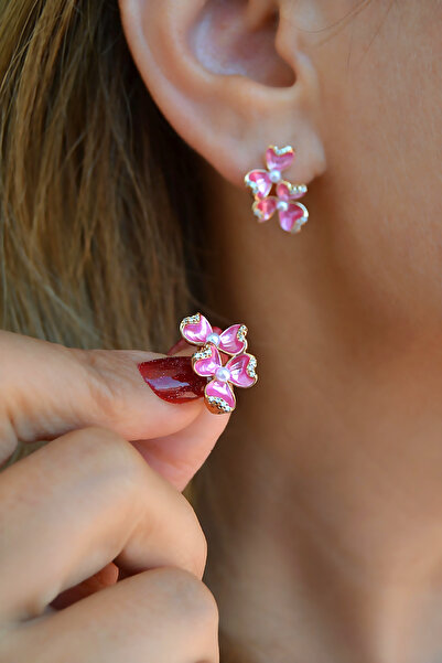 Sacce Scarves&Accessories Rose Gold Pembe Çiçekli Halka Küpe – Zirkon Taşlı & İnci Detaylı Vintage Küpe