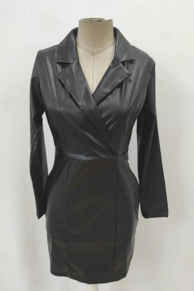 Mossta Double Breasted Collar Long Sleeve Leather Dress - Black