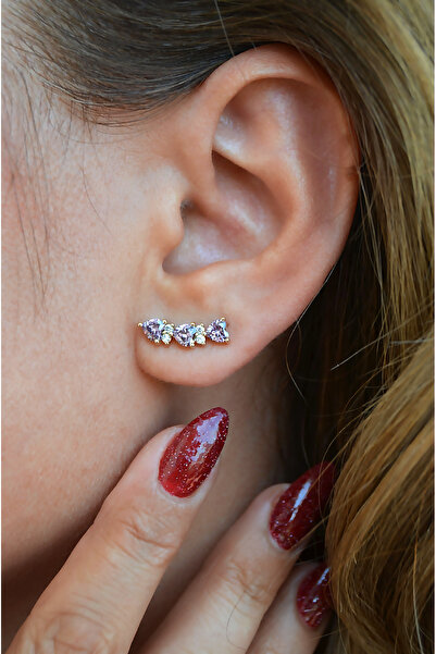 Sacce Scarves&Accessories Zirkon Taşlı Sıralı Kalpli Küpe Lob Helix Kıkırdak Uyumlu