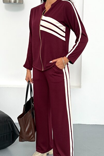 Ded COLLECTION Women's Front Half Stripe Detailed Zippered Sporty Stylish Modal Bottom Top Set