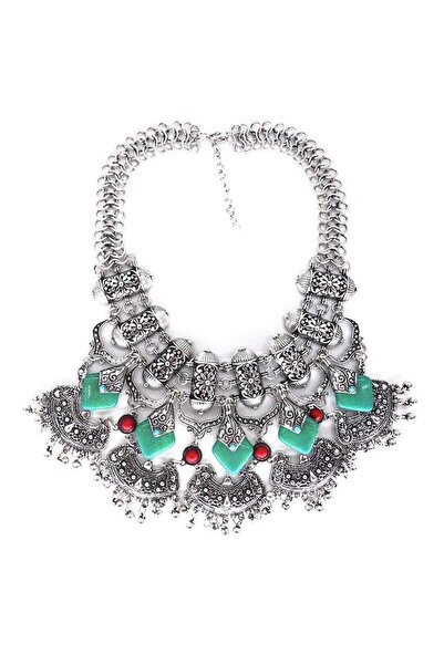 Pursehuit Colier culoare argintie, masiv, cu turcoaz și pietre roșii, Hilve C...