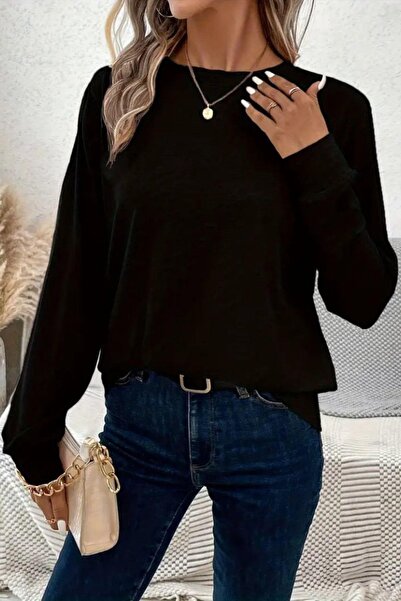 Mossta Yuvarlak Yaka Basic Uzun Kollu Bluz - Siyah