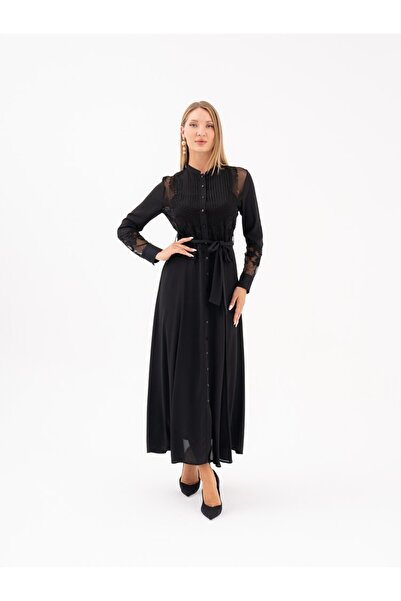 SERPİL Brode Detaylı Kuşaklı Önden Düğmeli Siyah Uzun Elbise 39519