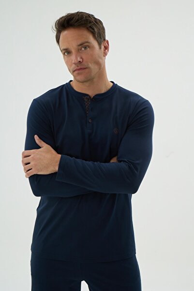 Sevim Чоловічий піжамний комплект з довгими рукавами та ґудзиками на комірі, синій C0T4N69