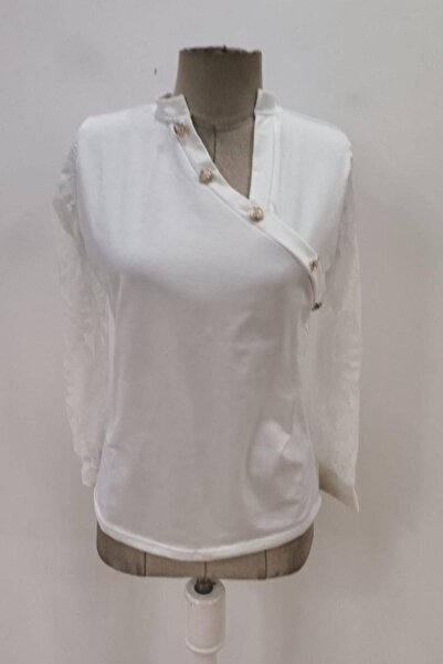 Mossta Μπλούζα με ασύμμετρο γιακά με λεπτομέρεια με κουμπιά από βισκόζη με δύο κλωστές - Λευκό