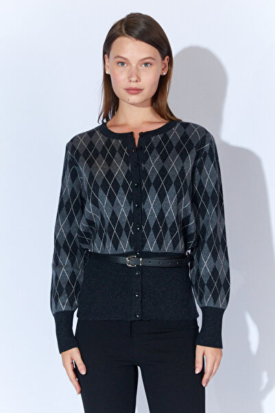 EDITION WOMAN Black Diamond Pattern Self-Belted Women's Wool Blend Cardigan - Ek100535338