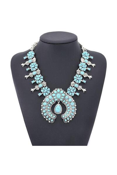 Pursehuit Colier culoare argintie, masiv, cu pietre turcoaz, Hilvy C1