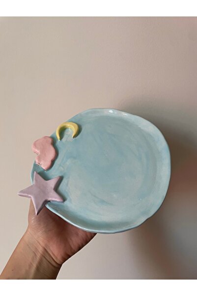 Nouis El yapımı bulut - yıldız - ay kabartmalı mavi seramik kupa seti