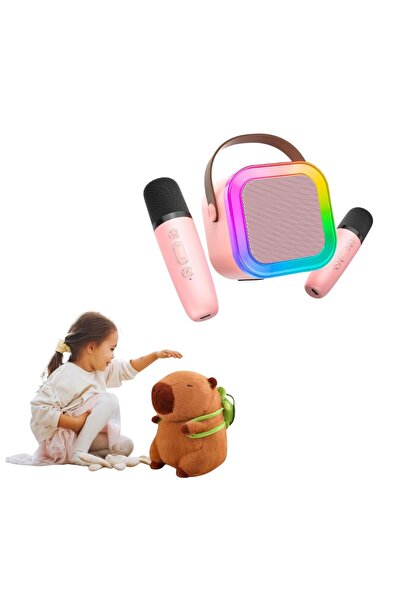 Impact Vision Set Jucarie de plus Capybara 23 cm si Boxa karaoke cu doua microfoane, Roz, Impact Vision®
