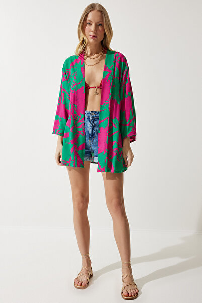 Lovelyİstanbul Κιμονό με σχέδιο από βισκόζη LEN0004 ΠΡΑΣΙΝΟ ΡΟΖ