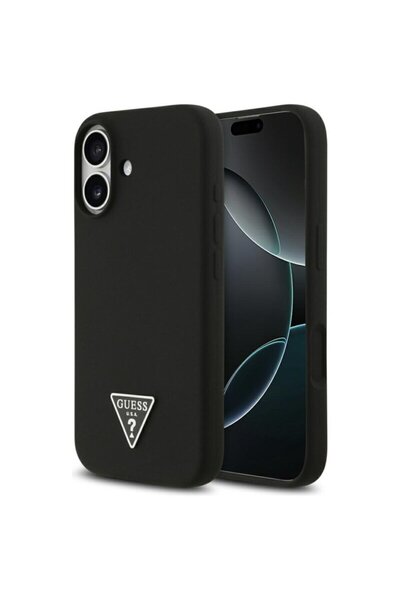 Guess Carcasă MagSafe din silicon pentru iPhone 17 cu logo triunghiular, neagră