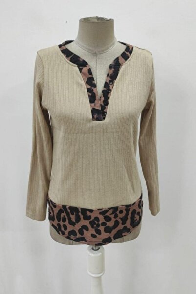 Mossta Buttoned Leopard Detailed Camisole Blouse - Beige