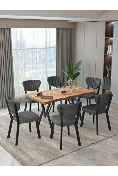 Hardalım Consept Mdf Kütük Masa 140x80 Elma Sandalye 6 Adet Babyface Kumaş Mutfak Masası Yemek Masası