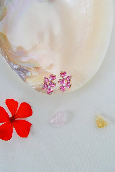 Sacce Scarves&Accessories Rose Gold Pembe Çiçekli Halka Küpe – Zirkon Taşlı & İnci Detaylı Vintage Küpe