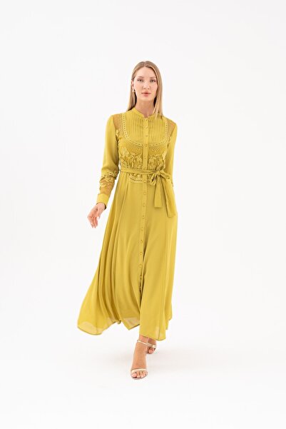 SERPİL Brode Detaylı Kuşaklı Önden Düğmeli Uzun Elbise 39519