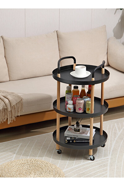 Lawazim Round Side Table 3 Tier Black 48x88cm - Space Saving Coffee End Table with Wheels
