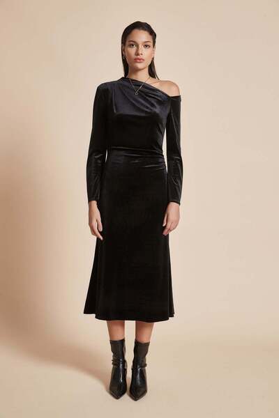 Yola Plain Off-Shoulder Midi Women'S Dress With Long Sleeves