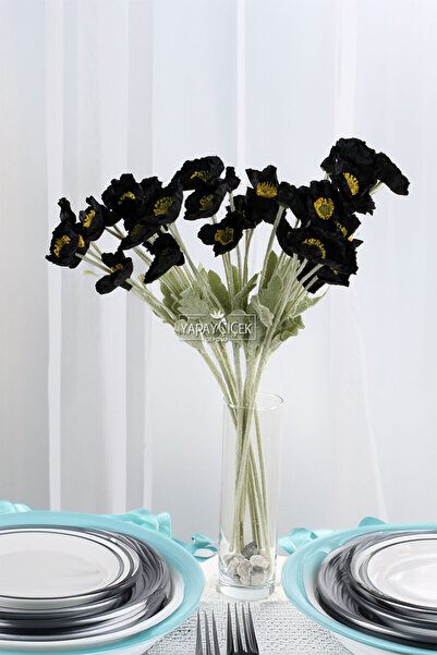 Yapay Çiçek Deposu Yapay Çiçek 4lü Gelincik Dalı 60 cm Siyah