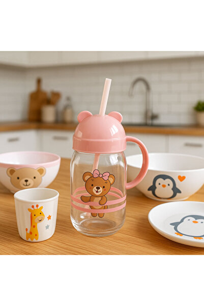 SİHİRLİ AYAKLAR Pink Color Cute Healthy Practical Patterned Glass Cup with Straw 370Cc Bpa Free