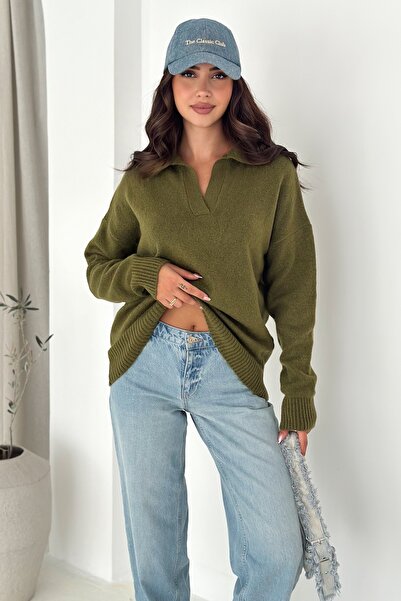 FEMELLE Khaki Women's Polo Neck Oversize Knit Sweater - Standard Size Soft Texture