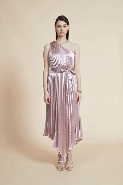 Yola فستان ميدي سادة بكتف واحد ومطوي