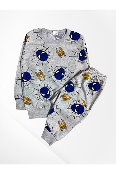 Pajama Shop Boys' Cotton Fabric Gray Spider Web Patterned Long Sleeve Seasonal Pajama Set