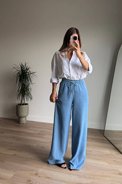 Sue Store Blugi albastru cu talie elastică, model casual, pantaloni subțiri