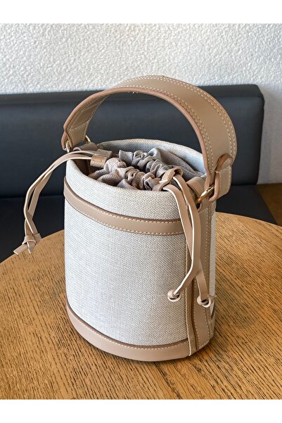nura Mink Women's Drawstring Linen Bucket Model Hand and Shoulder Bag