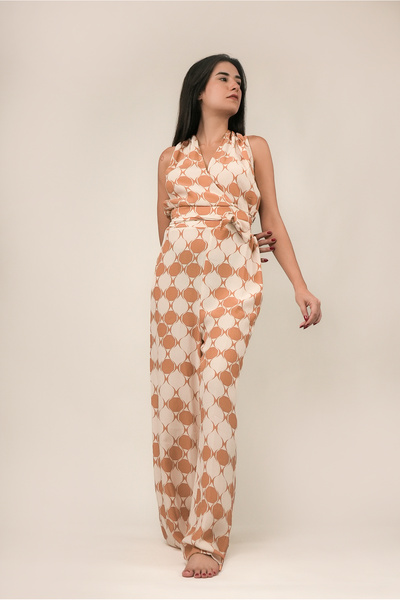 FLAMENCO Retro Geometrik Desenli Sırt İp Bağlamalı Kruvaze Tulum