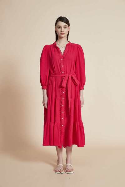 Yola Ruffled Midi Dress with Long Puff Sleeves