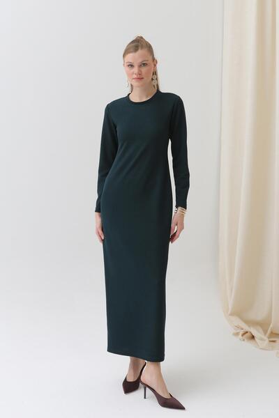 Puane Kadın Basic Uzun Kollu Triko Maxi Elbise-12591ELB - Yeşil