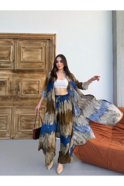 Tubik طقم قفطان نسائي مكون من قميص وبنطلون بتصميم منقوش مع جيوب ورباط عند الخصر