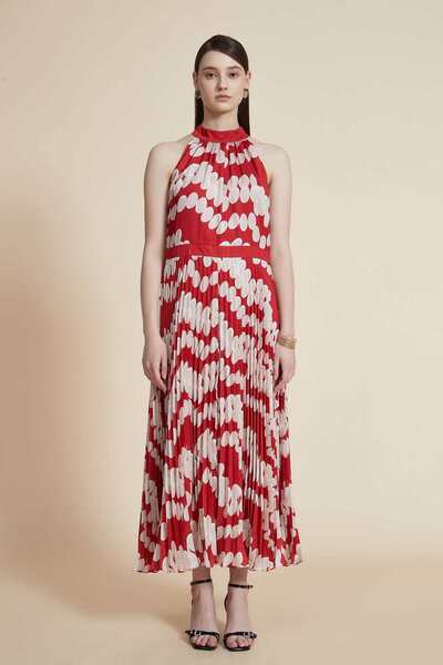 Yola Polka Dot Pleated Midi Dress Without Sleeves