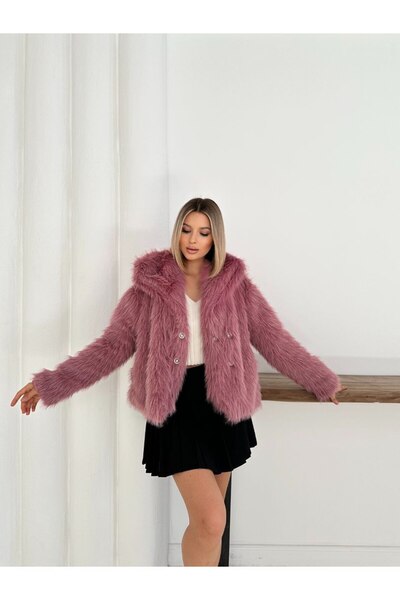 MODAMERSİ Palton de blană pentru femei Dusty Rose cu detaliu cu nasturi
