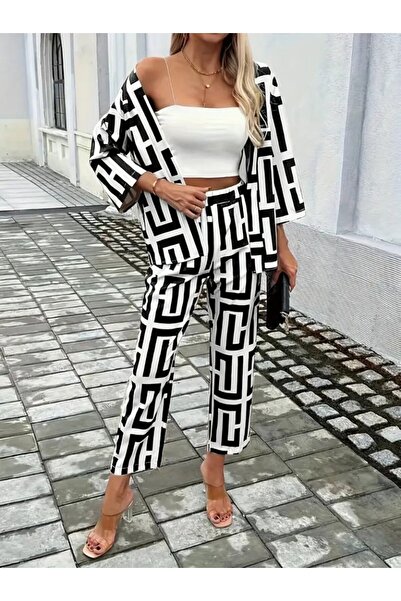 Serero Women's Long Sleeve Open Front Patterned Two Thread Jacket and Pants Two Piece Set