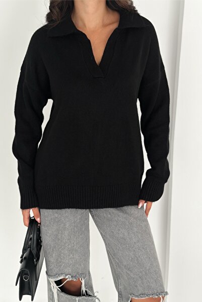 FEMELLE Black Women's Polo Neck Oversize Knit Sweater - Standard Size Soft Te...