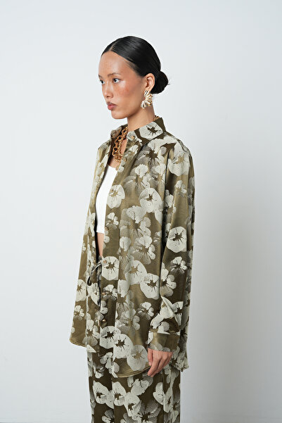 Orfeo Negro Women's Khaki - Beige Color Patterned Oversize Cut Hijab Shirt