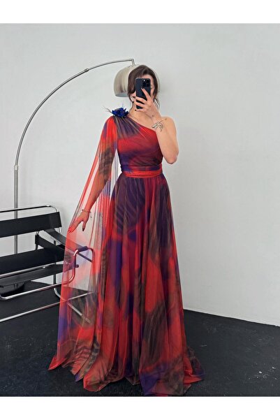 OYKUWEAR Dimitri Tek Omuz Gül Detay Tül Turuncu-Mor Abiye