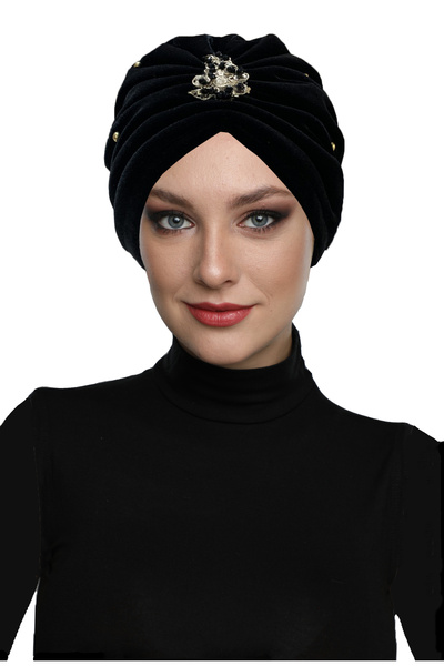 fidan bone Velvet Special Design Beaded and Sprinkled Bead Embroidered Lined Ready-To-Wear Turban Hijab