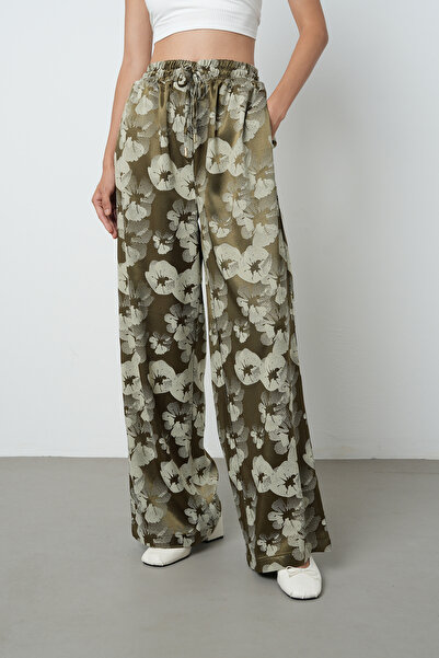 Orfeo Negro Women's Khaki - Beige Color Patterned Wide Leg Elastic Waist Trousers