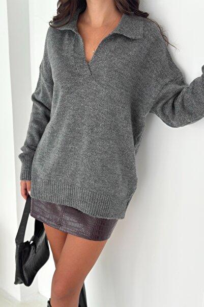 FEMELLE Anthracite Women's Polo Neck Oversize Knit Sweater - Standard Size So...