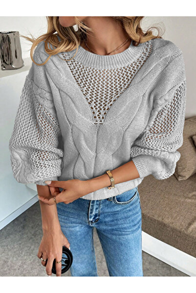 AQE FASHION Tricotaj pentru femei, cu mâneci ajurate, cu model din plasă, cu gât cu decolteu, tricotaj, gri deschis