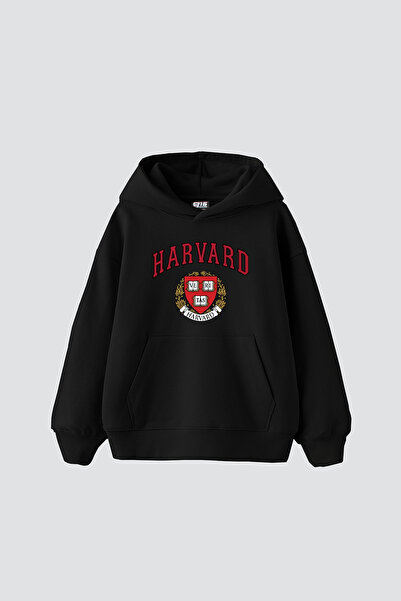 Bak Moda Harvard Baskılı Oversize Unisex Siyah Hoodie