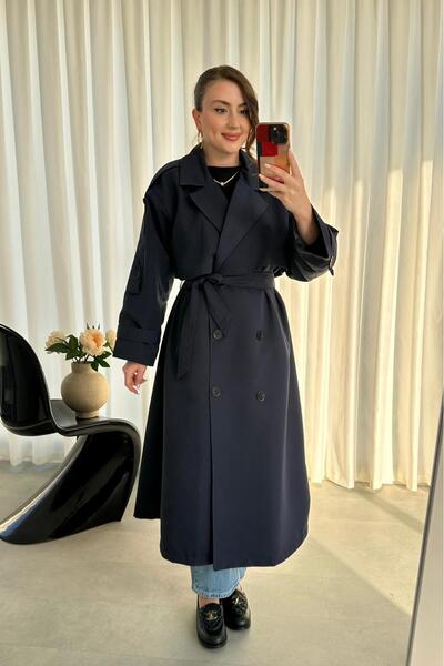 MaziButik Premium Long Trench Coat Navy Blue